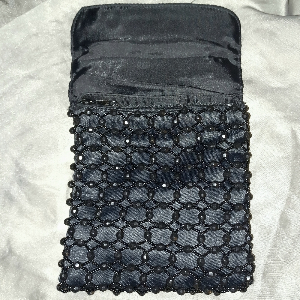 Vintage Black Satin Beaded Foldover Bag - Picture 3 of 4